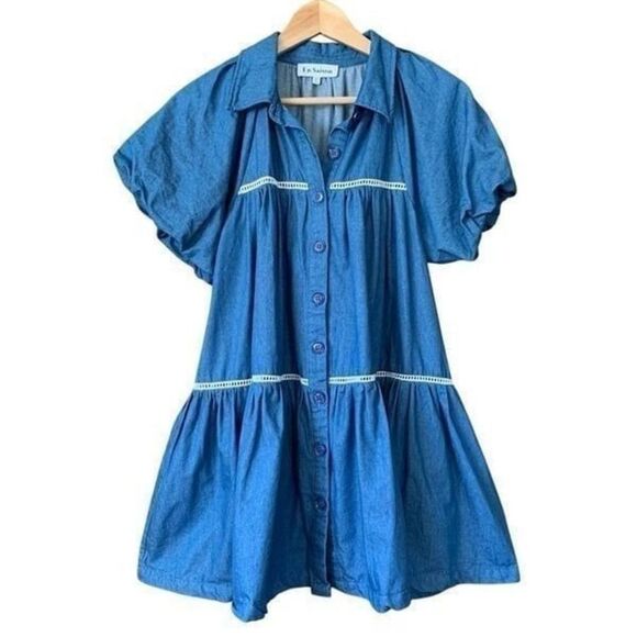 En Saison Tara Tiered Cotton Trapeze Shirtdress In Chambray Blue Size XS - Picture 4 of 12